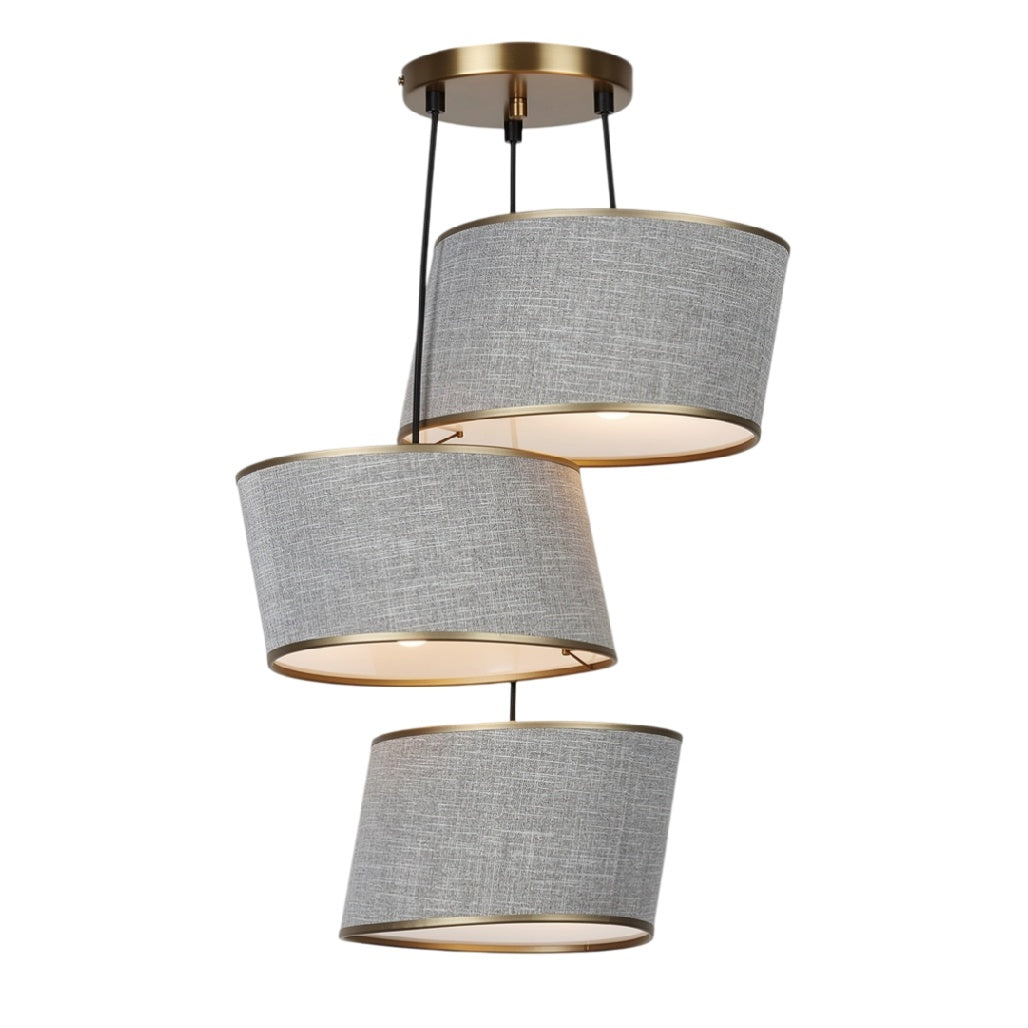 **Lampa wisząca z trzema abażurami w szarym materiale**